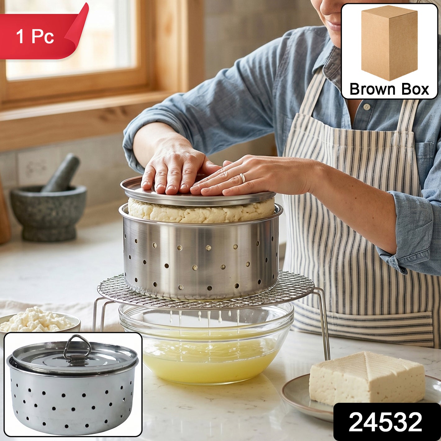 Stainless Steel Paneer Maker Mould With Lid For Cheese And Tofu Press (1 Pc)