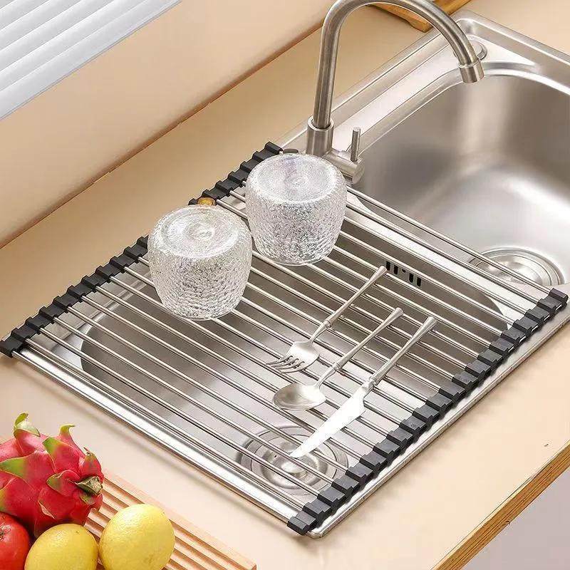 Stainless Steel Sink Drain Rack, Foldable Dish and Chopstick Holder, Kitchen Drain Basket, Dishwashing Sink Cup Rack